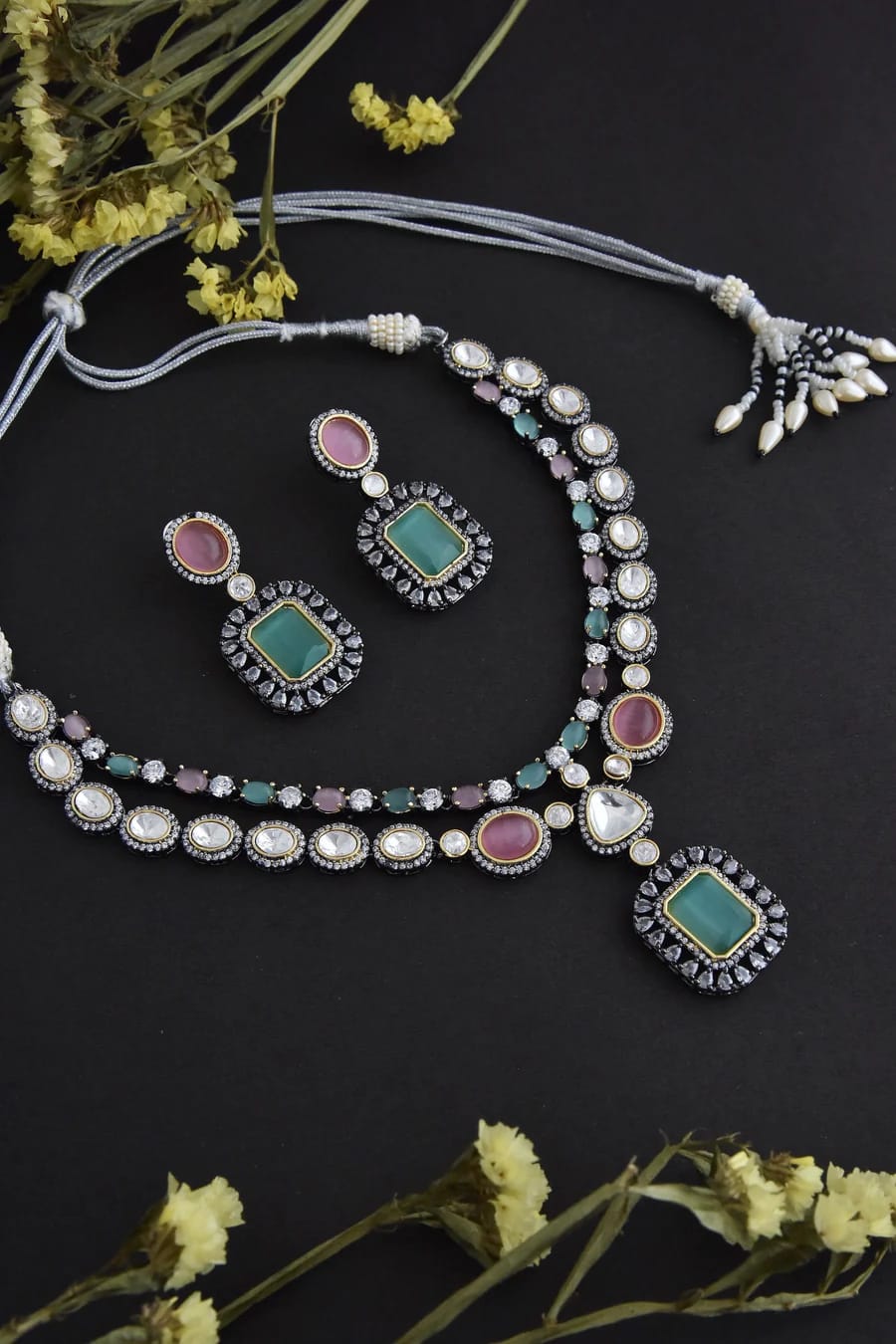 Two-Tone Finish Kundan Polki & Crystal Necklace Set