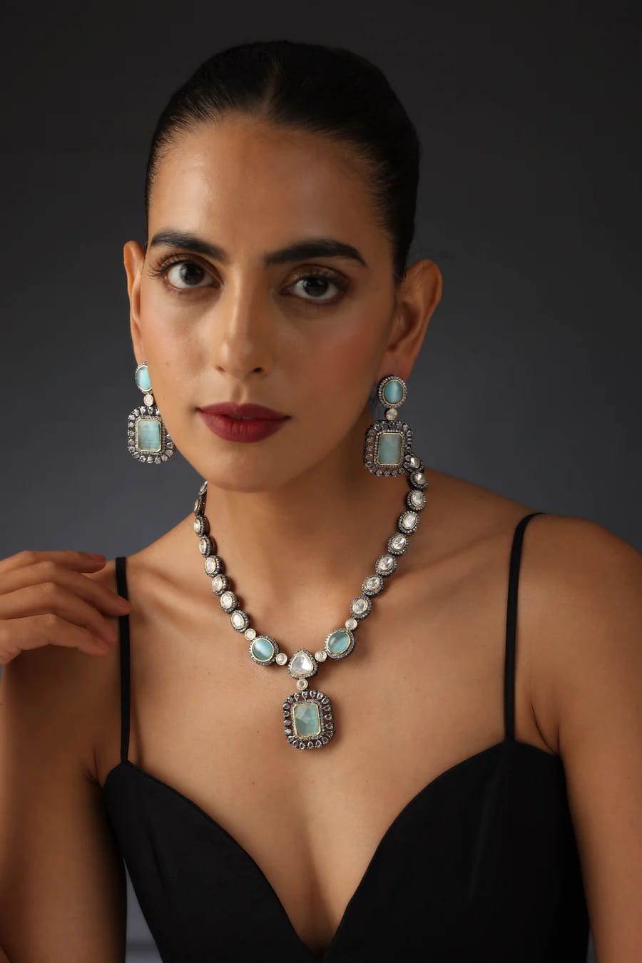 Two-Tone Finish Kundan Polki & Crystal Necklace Set - Image 2