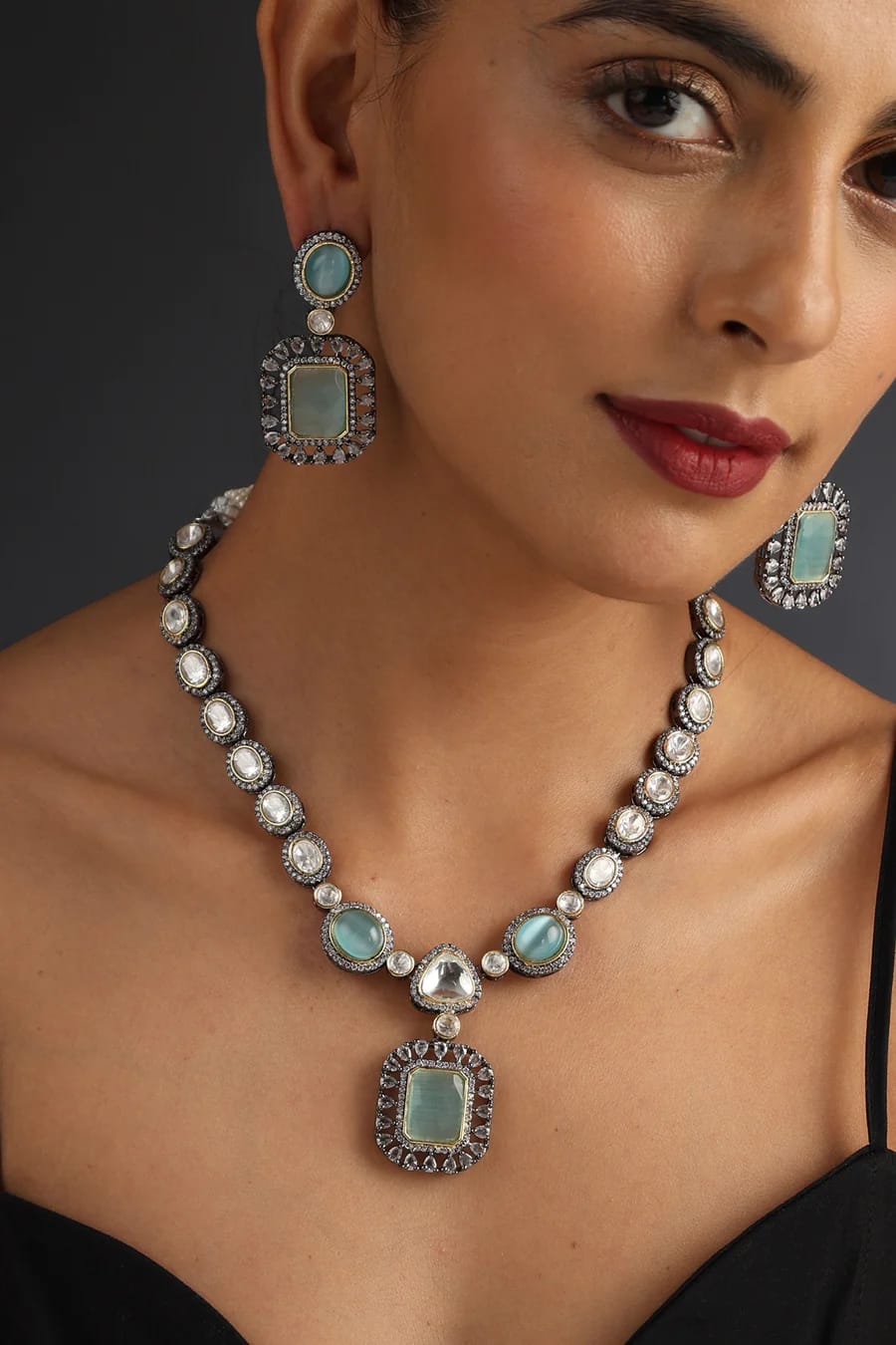 Two-Tone Finish Kundan Polki & Crystal Necklace Set - Image 4