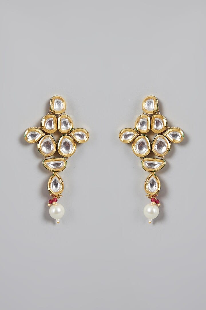 Gold Plated Pearl & Kundan Polki Necklace Set - Image 2