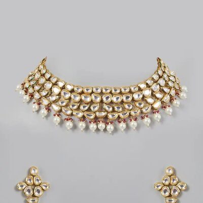 Gold Plated Pearl & Kundan Polki Necklace Set