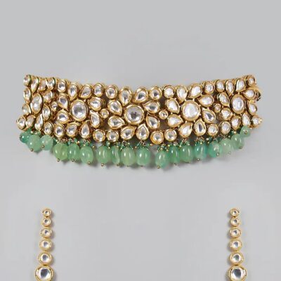 Gold Plated Pearl & Kundan Polki Necklace Set