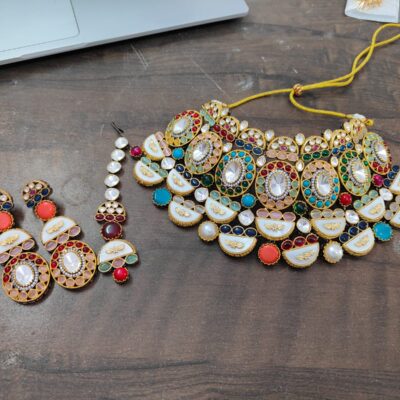 High Quality Uncut Polki Kundan Necklace with Earrings & Maangtika