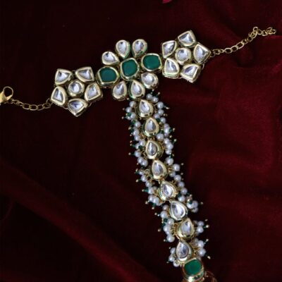 Gold Finish Kundan Polki & Pearl Haath Phool (Set Of 2)