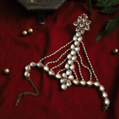 Gold Finish Kundan Polki & Pearl Haath Phool (Set Of 2)