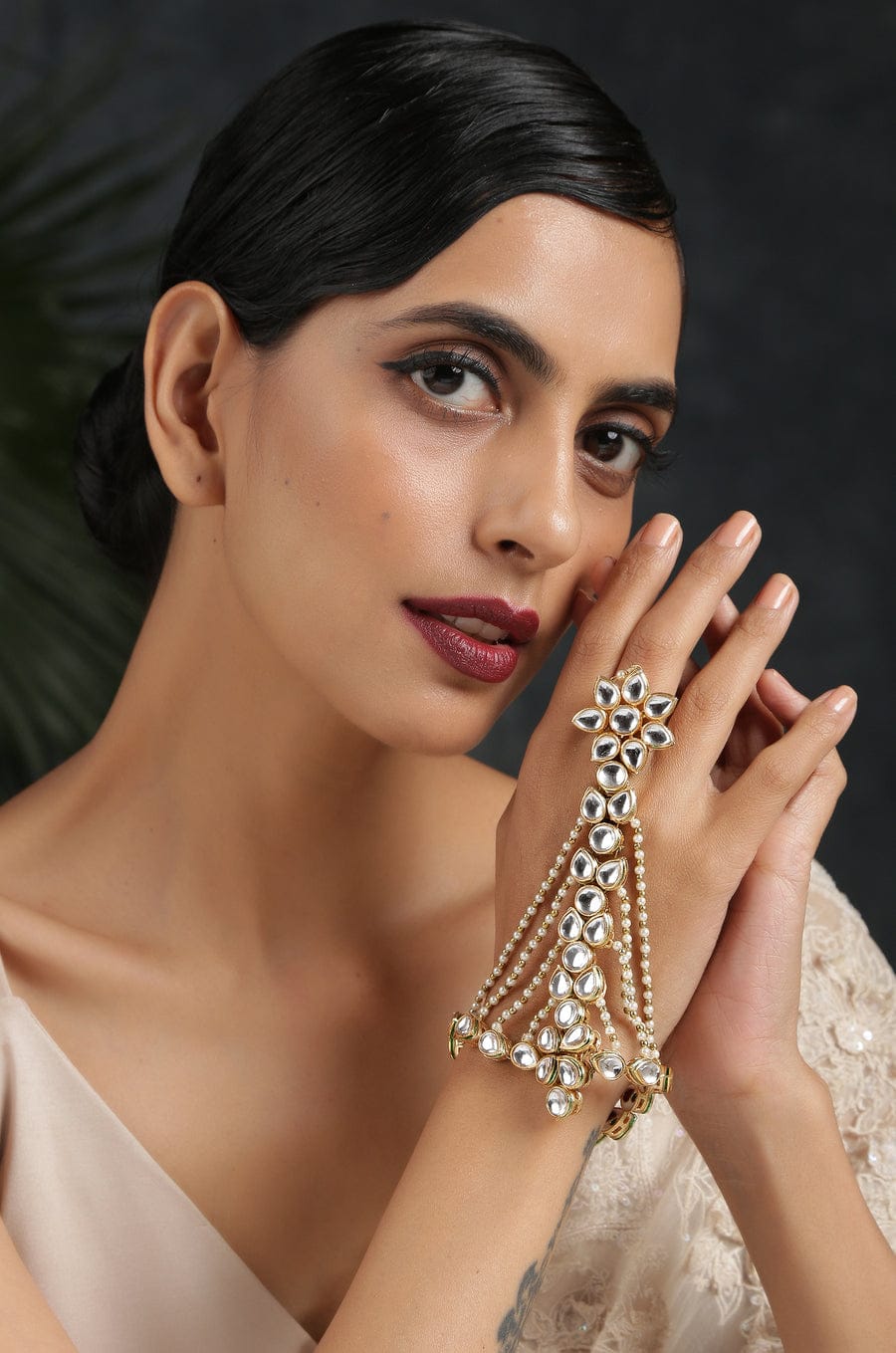 Gold Finish Kundan Polki & Pearl Haath Phool (Set Of 2) - Image 3