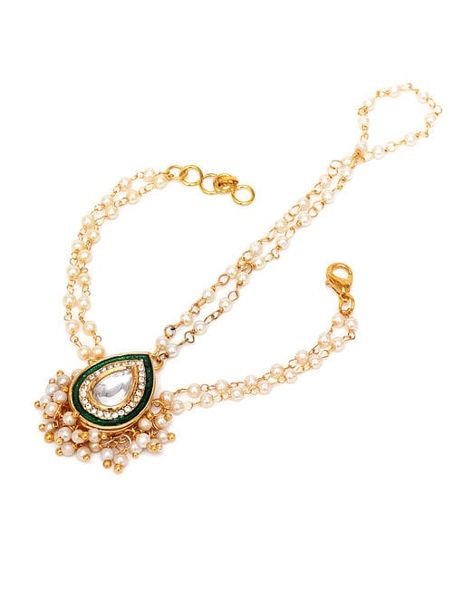 Gold Plated Kundan Polki & Pearl Hathphool (Set of 2) - Image 3