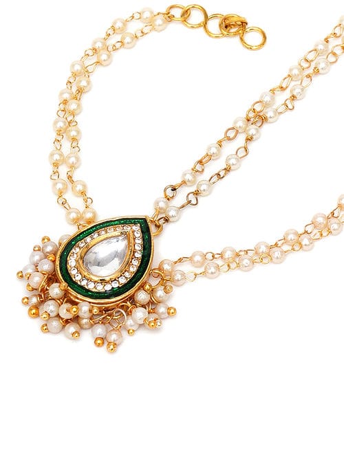 Gold Plated Kundan Polki & Pearl Hathphool (Set of 2) - Image 4