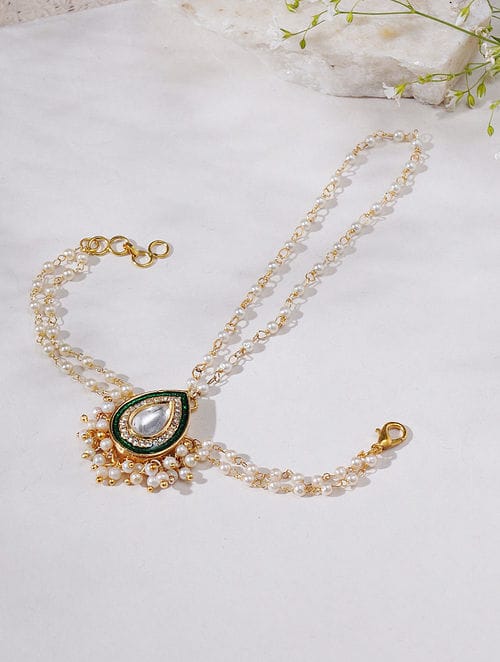 Gold Plated Kundan Polki & Pearl Hathphool (Set of 2)