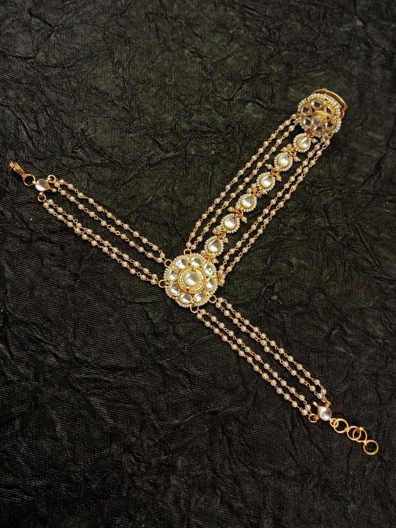 Gold Plated Kundan Multi Lined Pearl Hathphool - Set Of 2 - Image 2