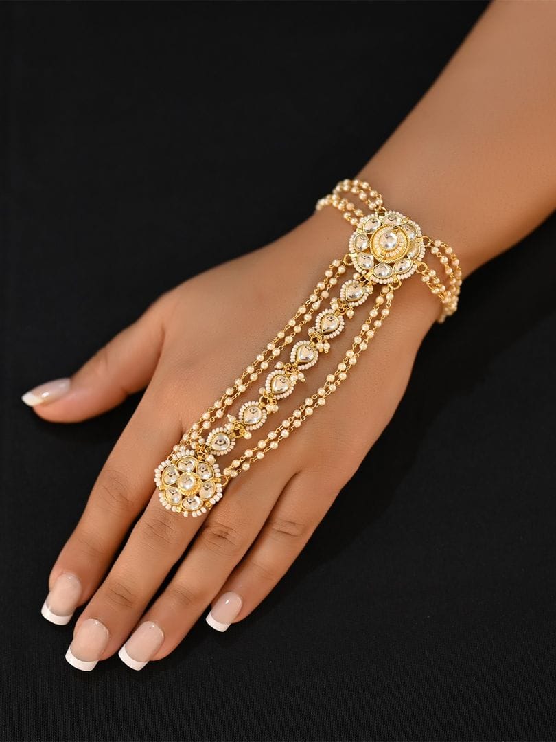 Gold Plated Kundan Multi Lined Pearl Hathphool - Set Of 2 - Image 4