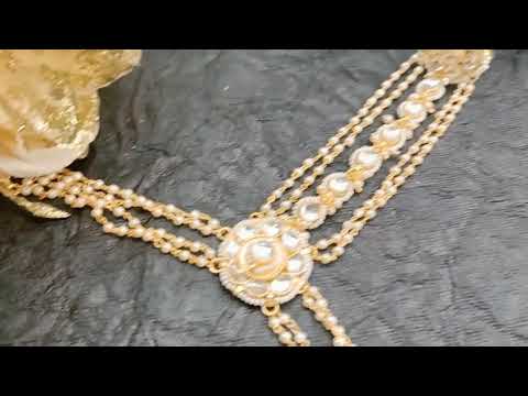 Gold Plated Kundan Multi Lined Pearl Hathphool - Set Of 2 - Image 5