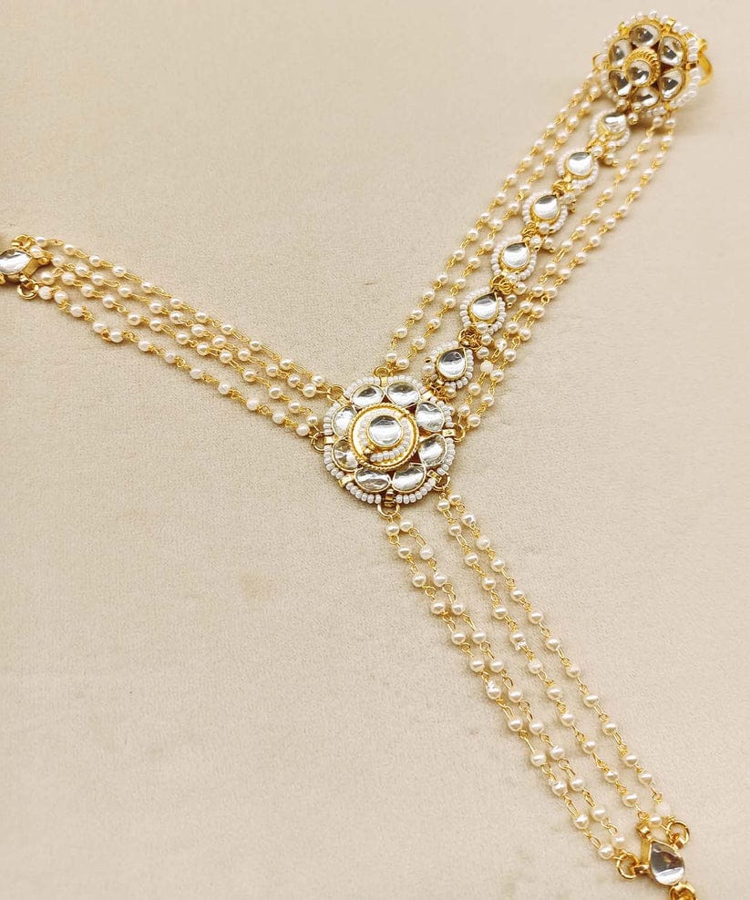 Gold Plated Kundan Multi Lined Pearl Hathphool - Set Of 2 - Image 6