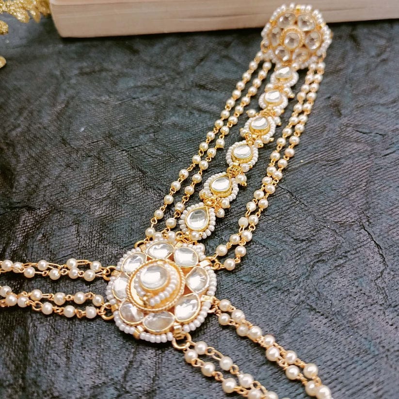 Gold Plated Kundan Multi Lined Pearl Hathphool - Set Of 2 - Image 7