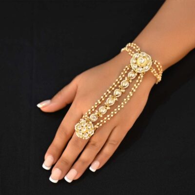 Gold Plated Kundan Multi Lined Pearl Hathphool - Set Of 2