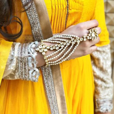 Gold Plated Kundan Multi Lined Hathphool - Set Of 2
