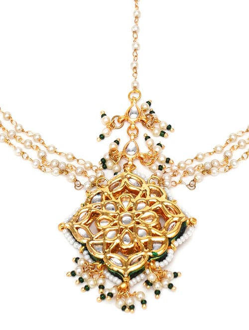 Exclusive Studded Gold Plated Headband With Enamel Work Traditional Bridal Matha Patti - Image 4