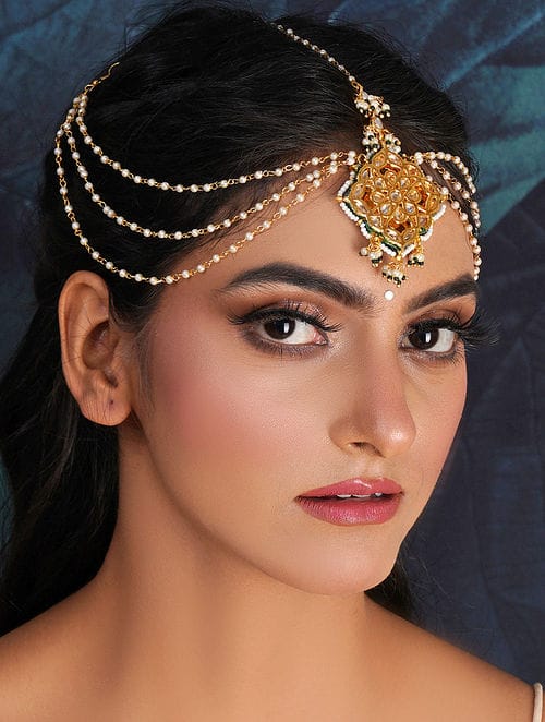 Exclusive Studded Gold Plated Headband With Enamel Work Traditional Bridal Matha Patti - Image 2