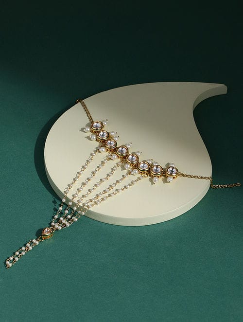 White Gold Tone Kundan Hathphool (Set Of 2)