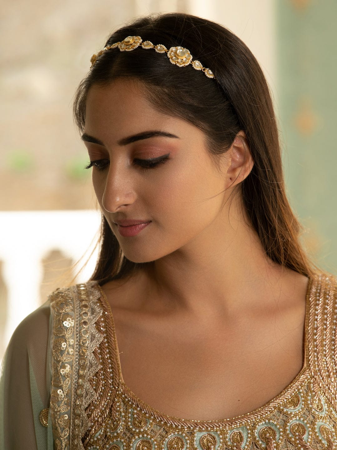 Exclusive Studded Gold Plated Headband With Enamel Work Traditional Bridal Matha Patti - Image 2