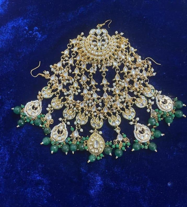 Gold Plated Green Emerald Kundan Passa Bridal Jhoomar Jewellery