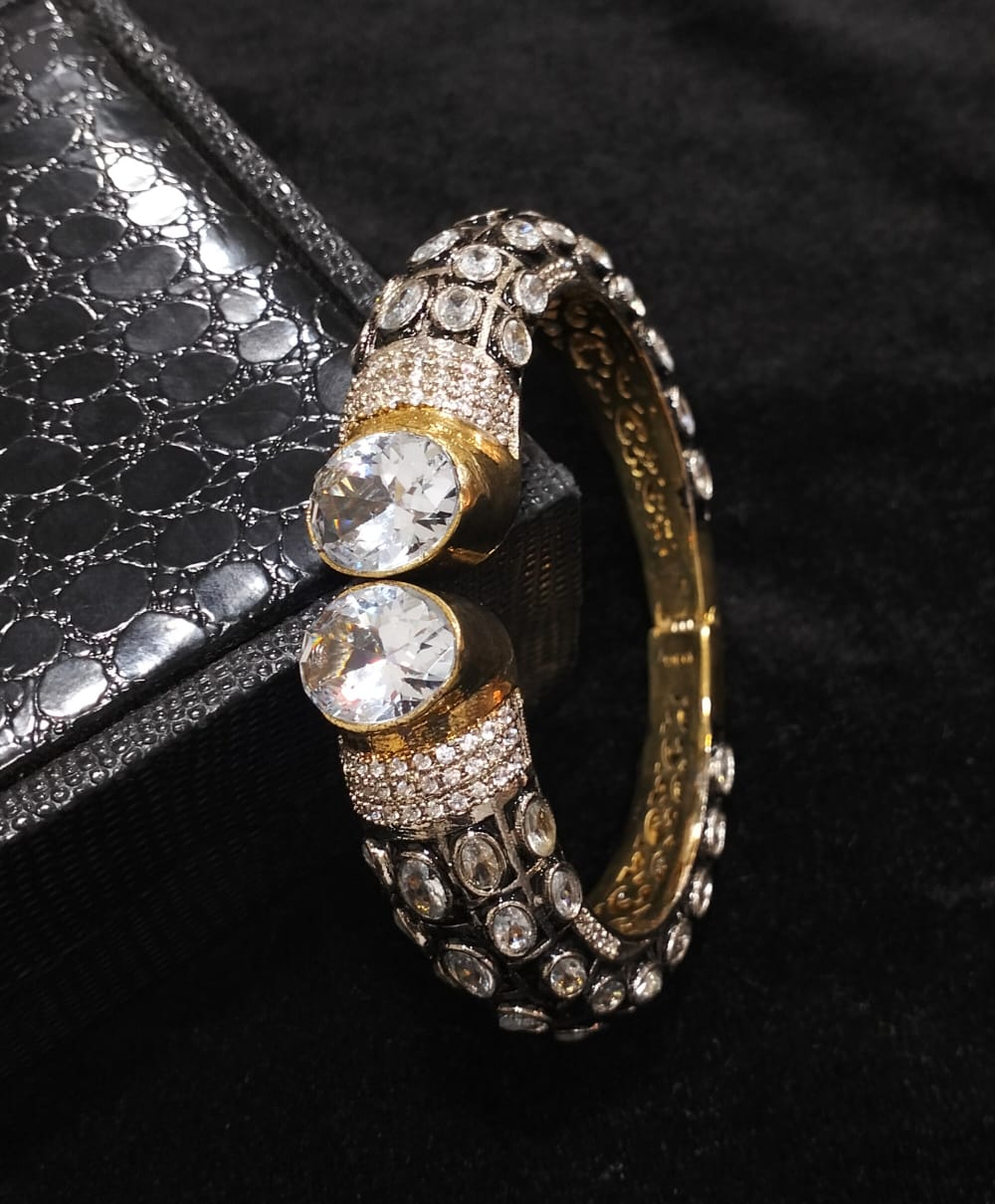 Two Tone Plated Zircon & Quartz Openable Bangle Bracelet (Pack Of 1)