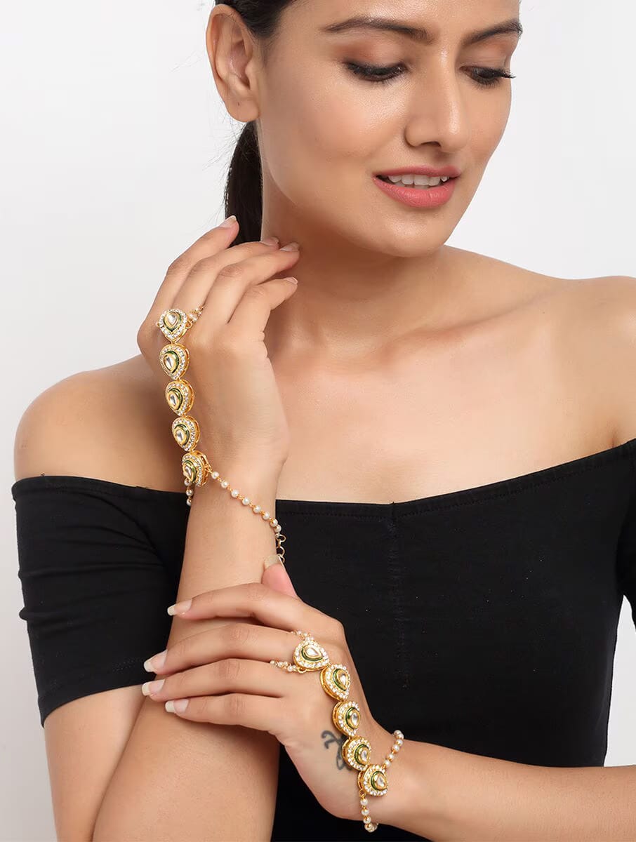 White Gold Tone Kundan Hathphool (Set Of 2) - Image 2