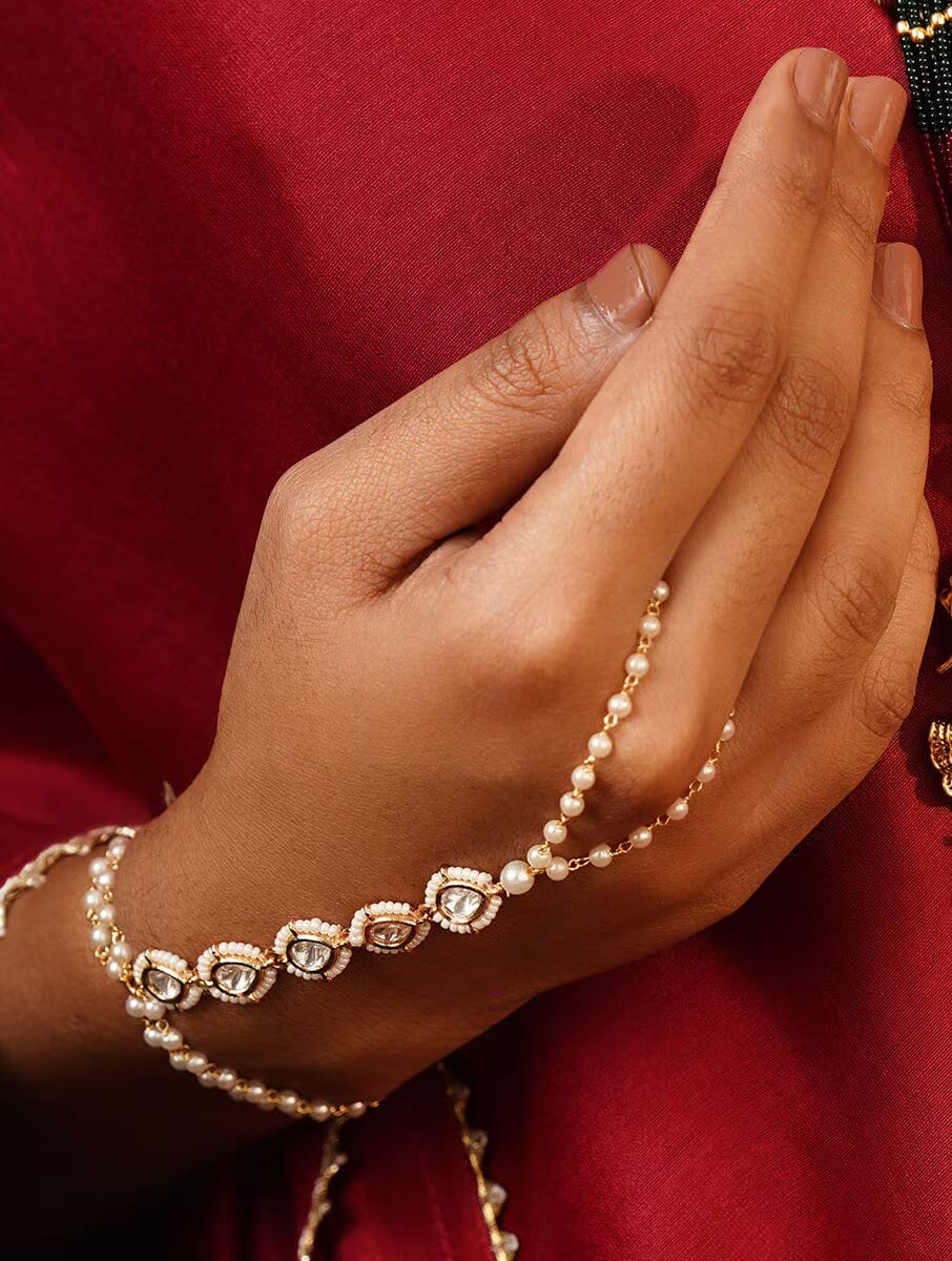 White Gold Tone Kundan Hathphool (Set Of 2)