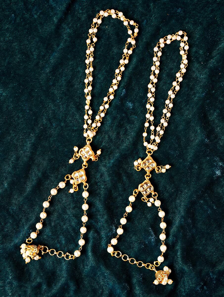 White Gold Tone Kundan Hathphool (Set Of 2)