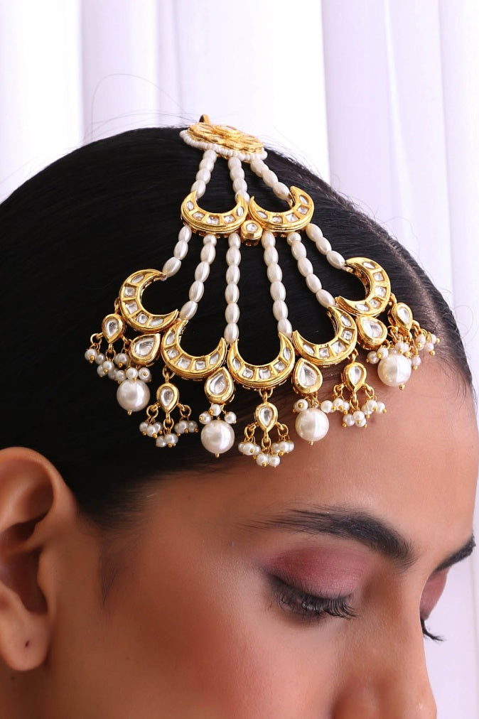 Gold Plated Green Emerald Kundan Passa Bridal Jhoomar Jewellery - Image 3