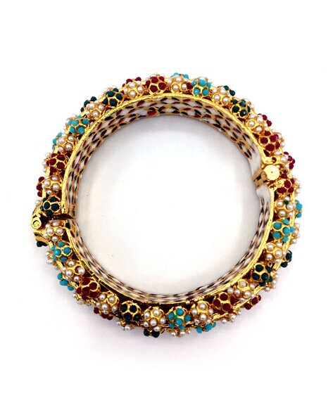 JADAU KUNDAN WITH MULTI STONE BIG BANGLE SET - Image 3