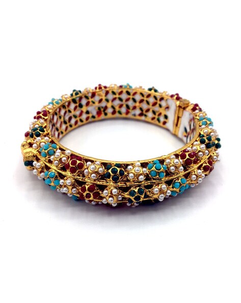 JADAU KUNDAN WITH MULTI STONE BIG BANGLE SET - Image 4