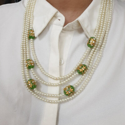 White Pearl With Green Tumble Groom Mala