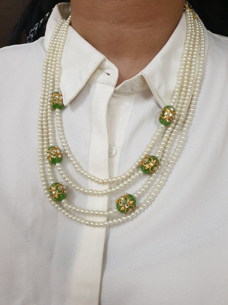 White Pearl With Green Tumble Groom Mala