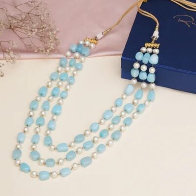Gold Finish Blue Faux Stone & Pearl Layered Mala
