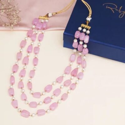 Gold Finish Pink Faux Stone & Pearl Layered Mala
