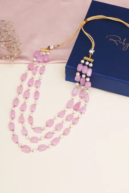 Gold Finish Pink Faux Stone & Pearl Layered Mala