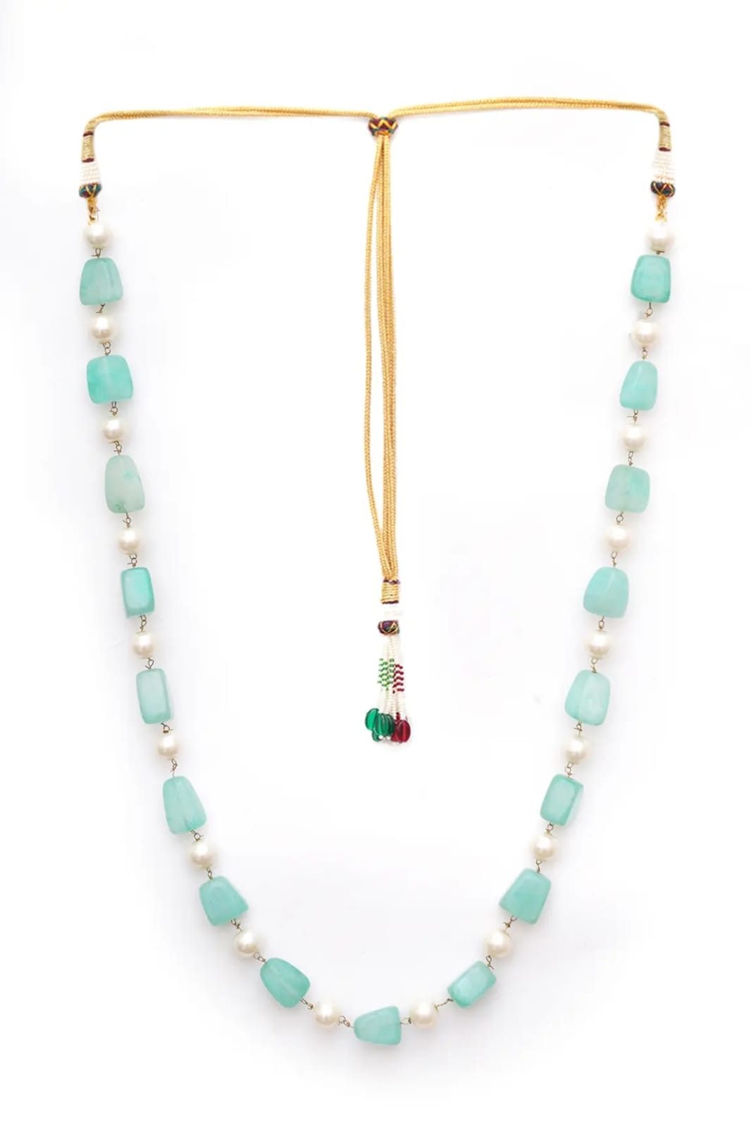 Gold Finish Blue Faux Stone & Pearl Layered Mala - Image 3