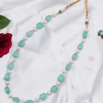 Gold Finish Blue Faux Stone & Pearl Layered Mala