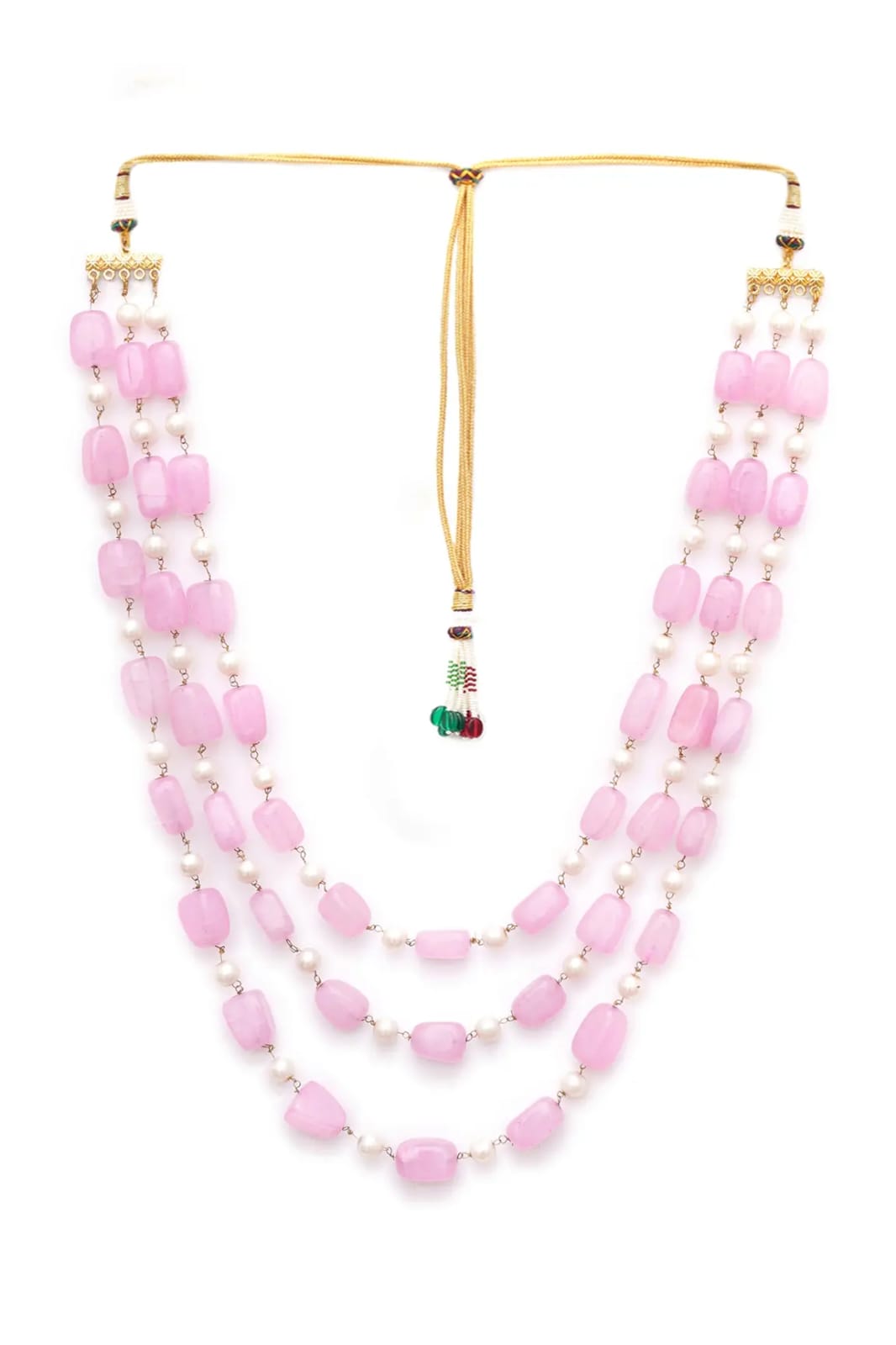 Gold Finish Pink Faux Stone & Pearl Layered Mala - Image 4