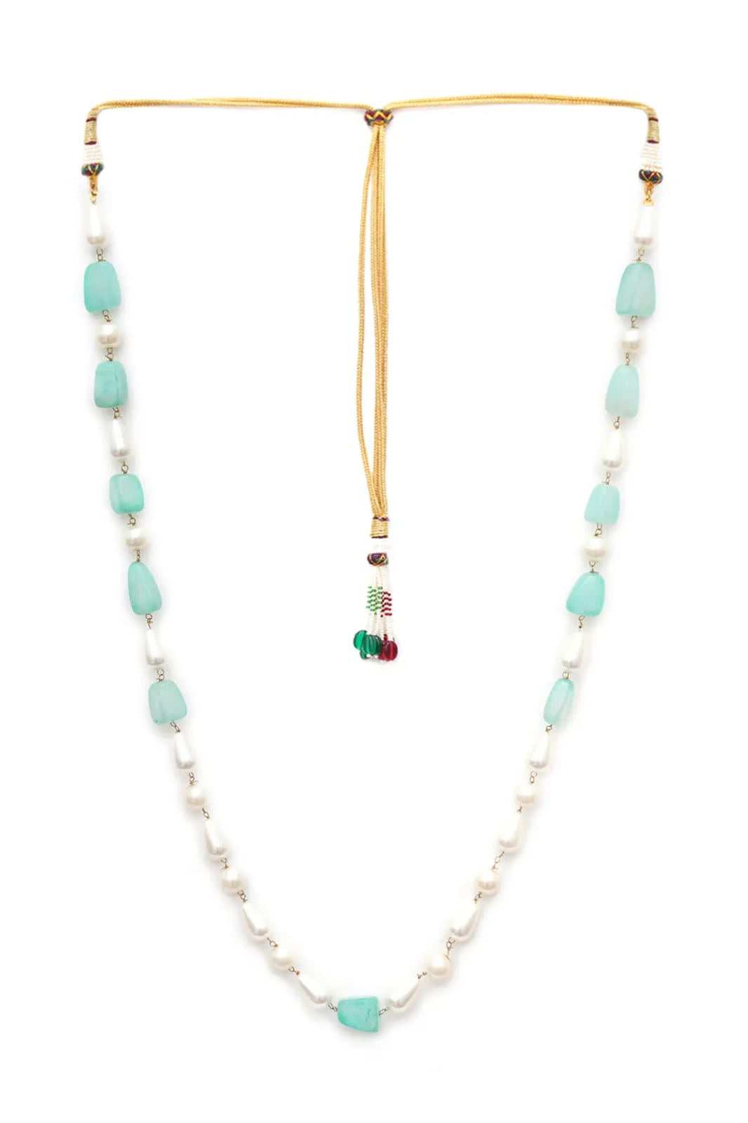 Gold Finish Blue Faux Stone & Pearl Layered Mala - Image 3