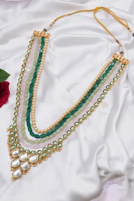 Gold Finish Multi-Colored Faux Stones & Kundan Layered Mala