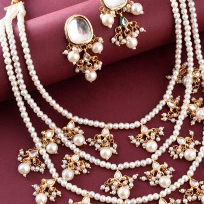 Ethnic Kundan & Pearls Multi Layers Bridal Necklace Set