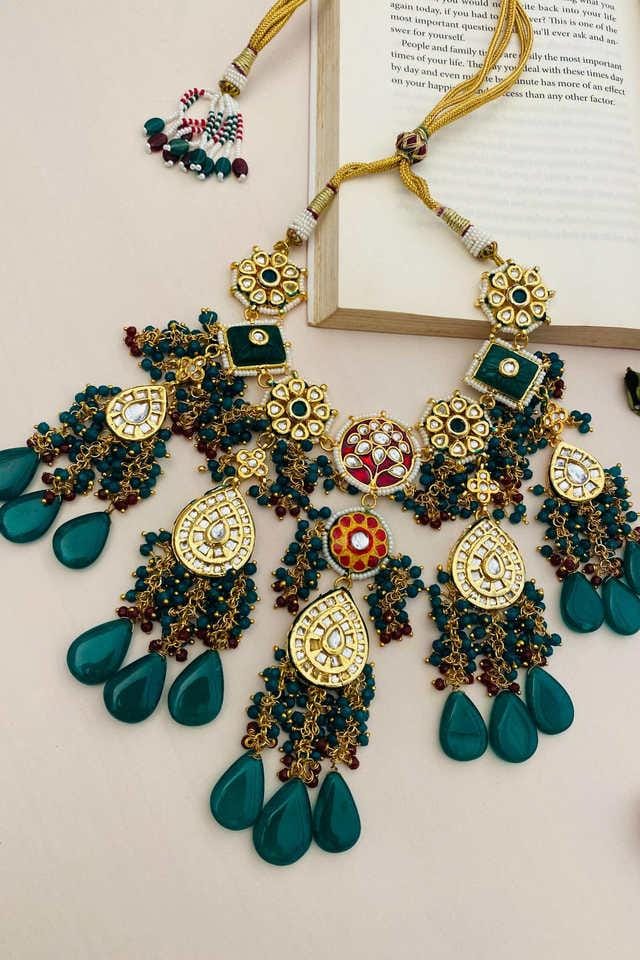 Heavy Meenakari Kundan With Emarald Green Drop Stone Necklace - Image 2