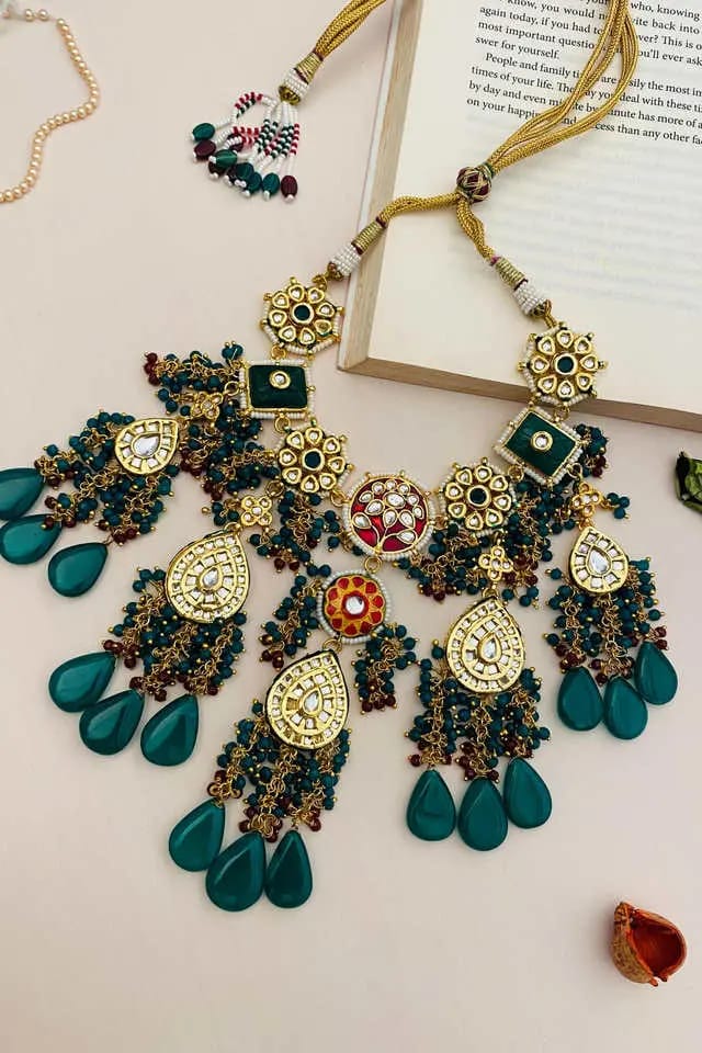 Heavy Meenakari Kundan With Emarald Green Drop Stone Necklace - Image 5