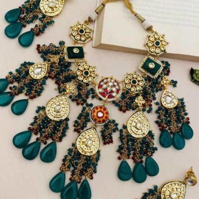 Heavy Meenakari Kundan With Emarald Green Drop Stone Necklace