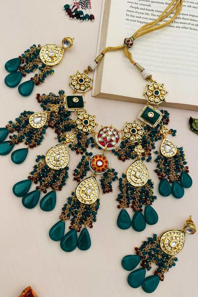 Heavy Meenakari Kundan With Emarald Green Drop Stone Necklace