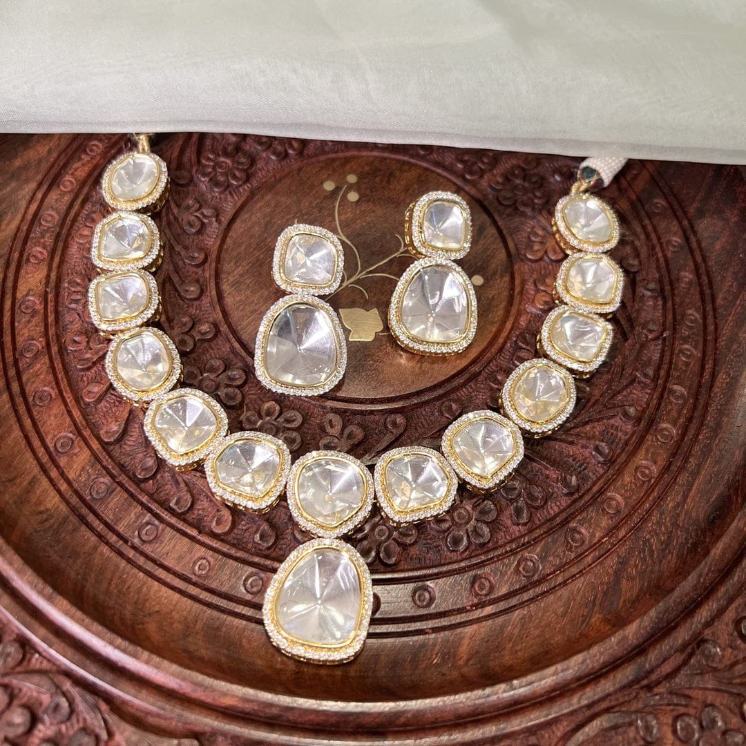 Victorian Uncut Polki Faux Diamond Necklace & Earring Set