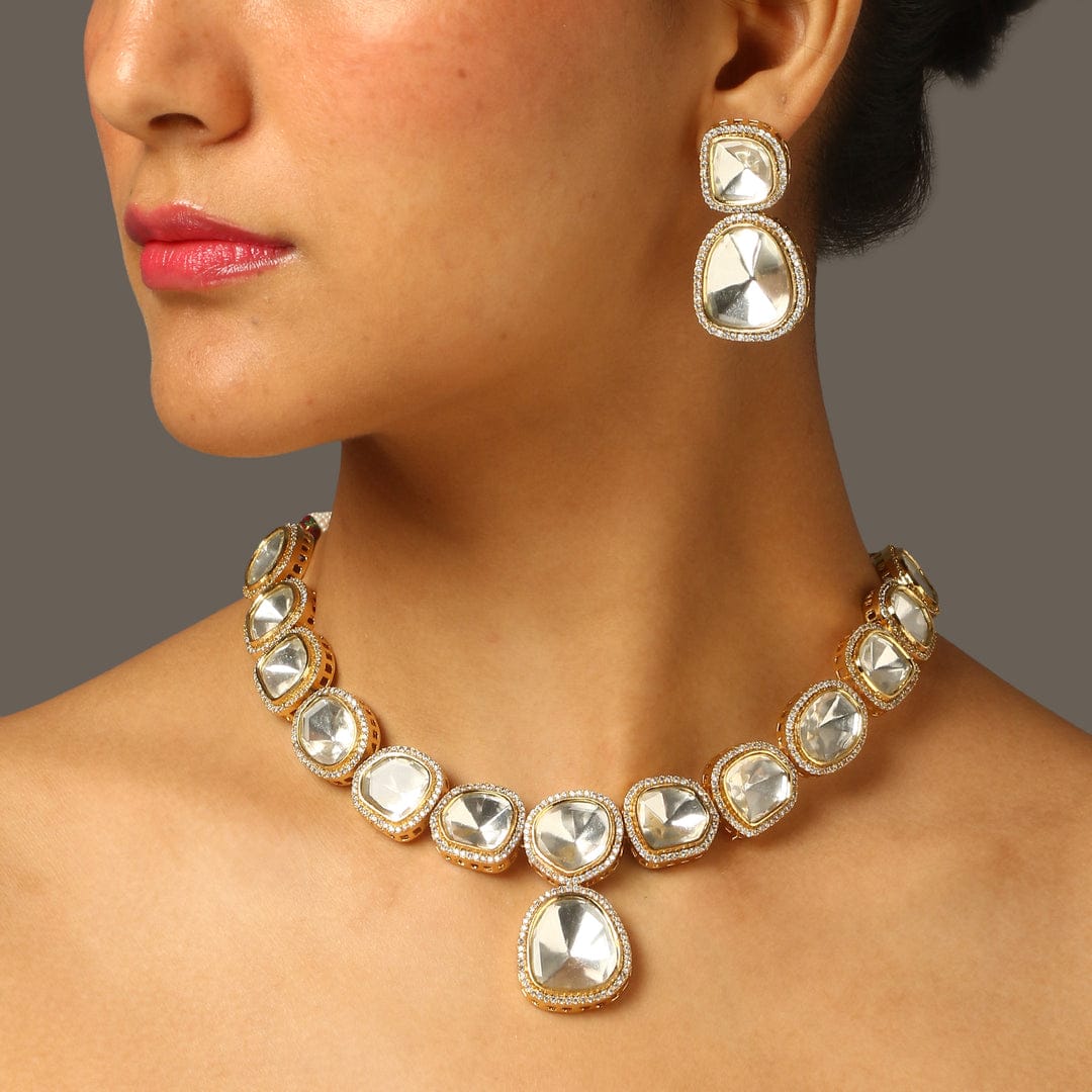 Victorian Uncut Polki Faux Diamond Necklace & Earring Set - Image 2