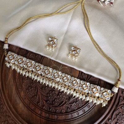 Designer Pearl Beaded Kundan Choker Necklace With Earrings